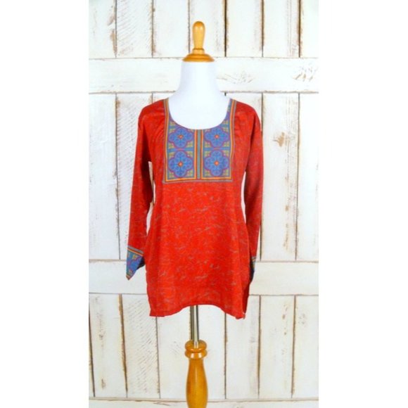 Vintage red silk blend Indian print long tunic blouse - Picture 4 of 4